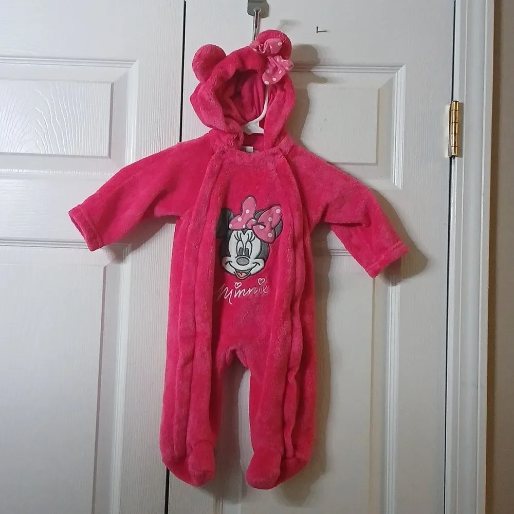 Minnie Mouse Disney fleece one piece hood outfit outdoor wear Sz 3/6 M EUC